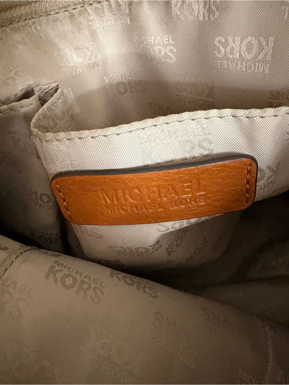 Michael Kors Cream Signature MK Tote with Tan Leather Straps